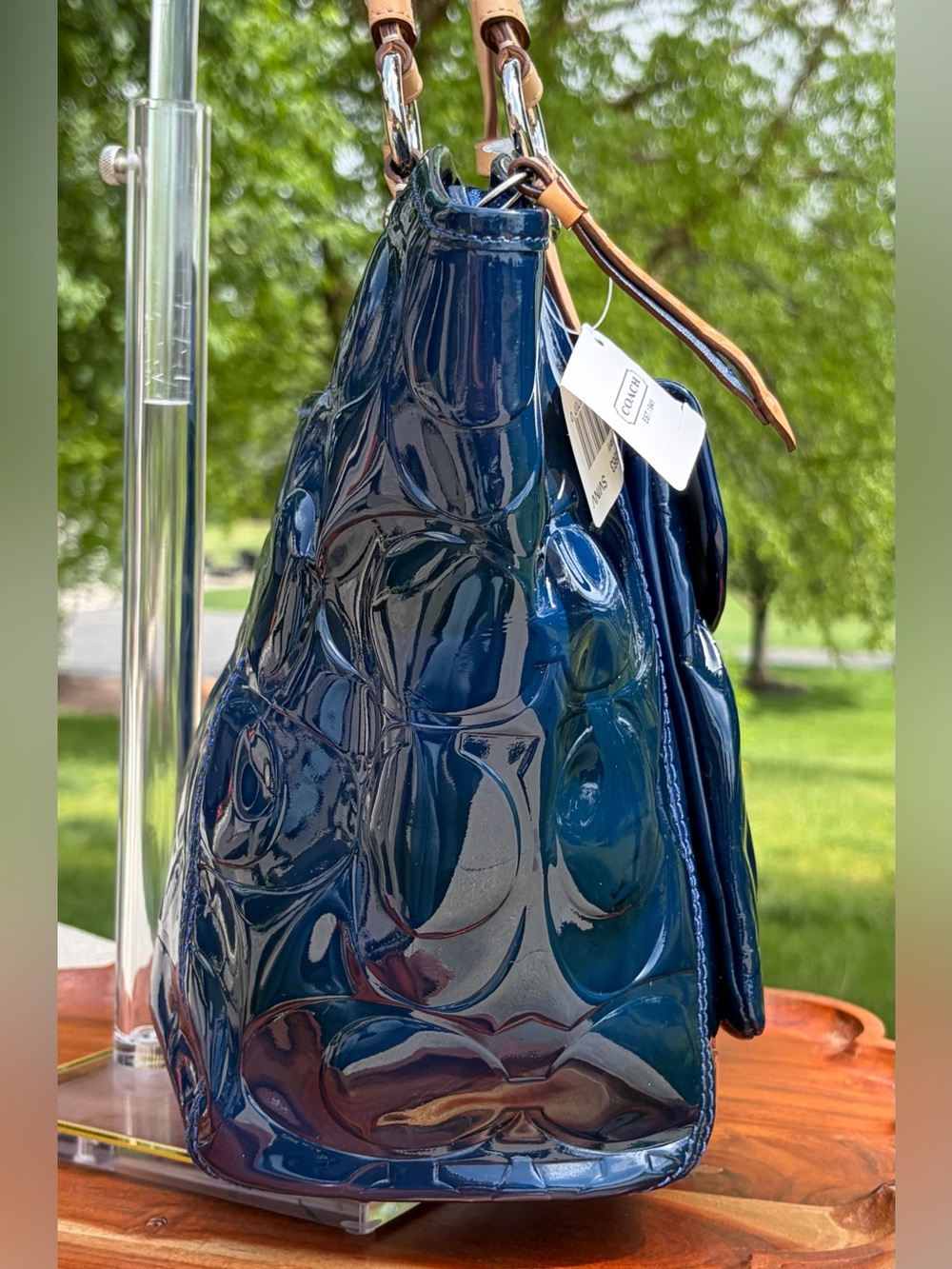 Coach Signature Embossed Leah Navy Patent Leather Tote F14663 - Picture 14 of 17